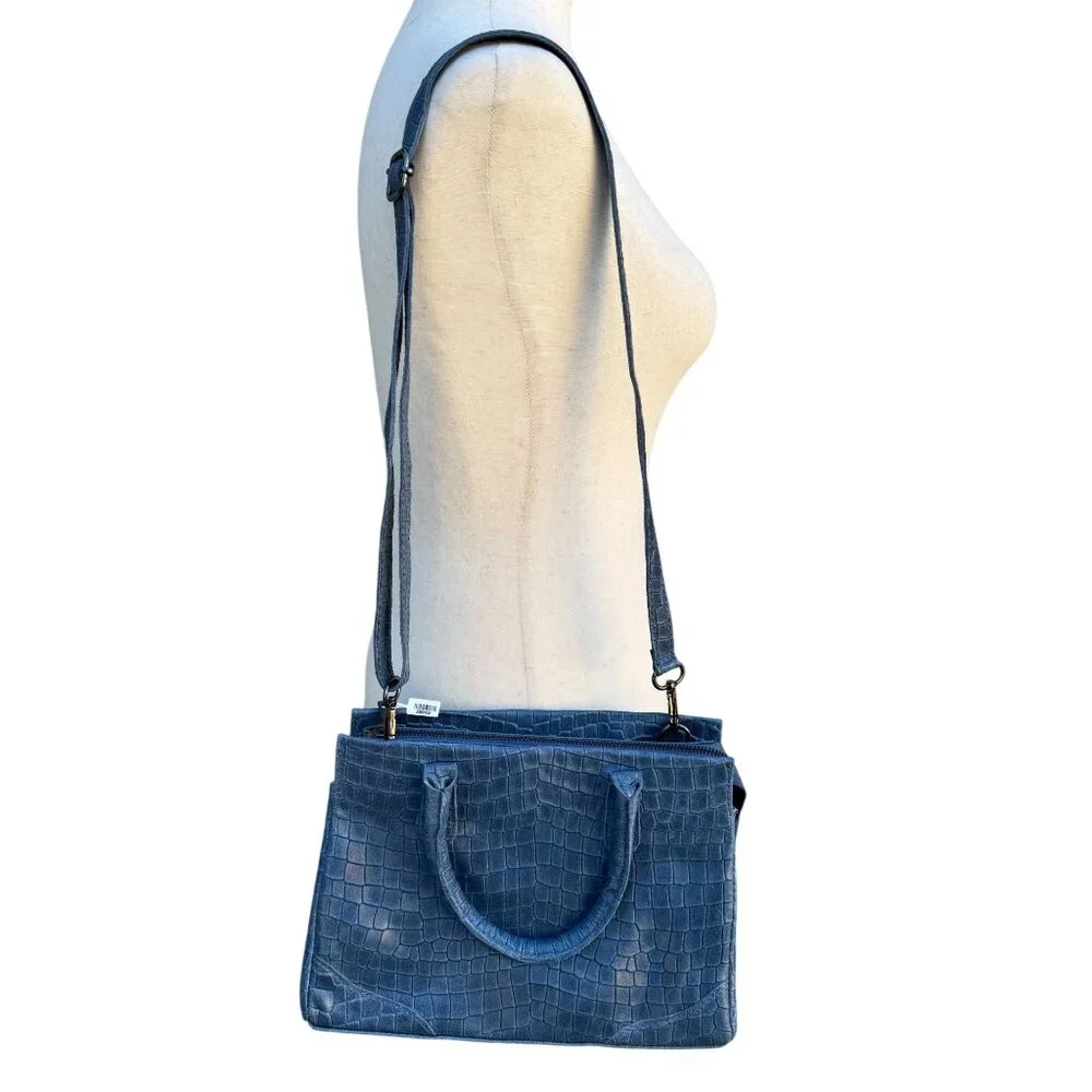 Borse in Pelle Italy Blue Croc Embossed‎ Genuine Leather Satchel Crossbody Bag